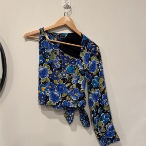 Zara One-Shoulder Floral Blouse - Blue and Green